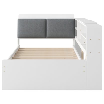 Wood Twin Size platform bed with Trundle, Shelves and Storage Headboard, White