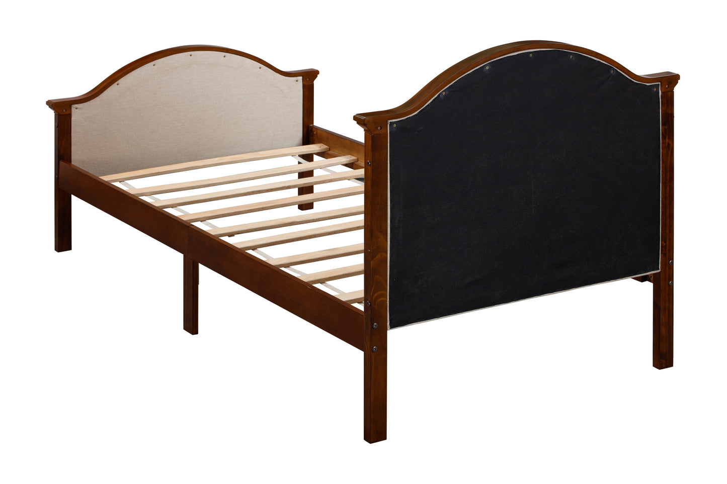 Twin Size Bed Frame with Headboard and Footboard, Upholstered Twin Platform Bed with Strong Wooden Slats Support,Walnut