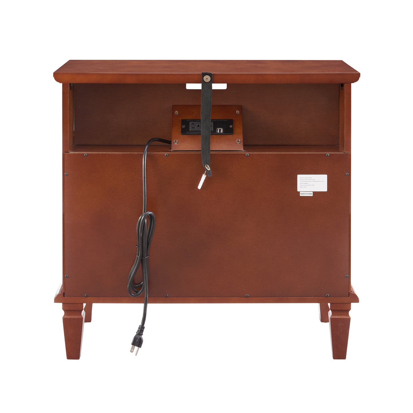 Open Space and 2 Drawers Dresser Nightstand with Charging Station, Farmhouse End Table with USB Ports and Outlets, Fluted Pilasters Design Side Table with Solid Wood Legs for Bedroom