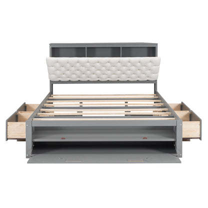 Wood Queen Size Platform Bed with Storage Headboard, shoe rack and 4 drawers,Gray