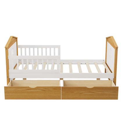 Twin Size House Shape Bed with Drawers and Safety Fence Guardrails Bed Toddler Bed for Girls Boys,No Box Spring Needed, Walnut and White