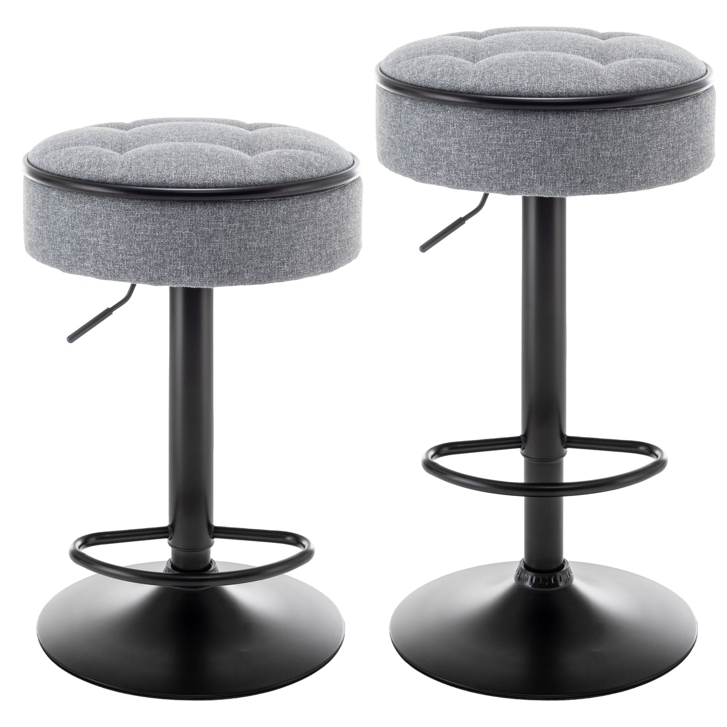 Round Storage Bar Stool Set of 2, Grey Linen Height Adjustable Barstool, 360°Counter Height Swivel Stool, Armless Bar Chair with Metal Frame for Kitchen Counter Dining Living Room