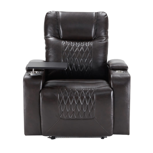 Power Motion Recliner with USB Charging Port, Hidden Arm Storage, and 360° Swivel Tray Table, Black PU Leather