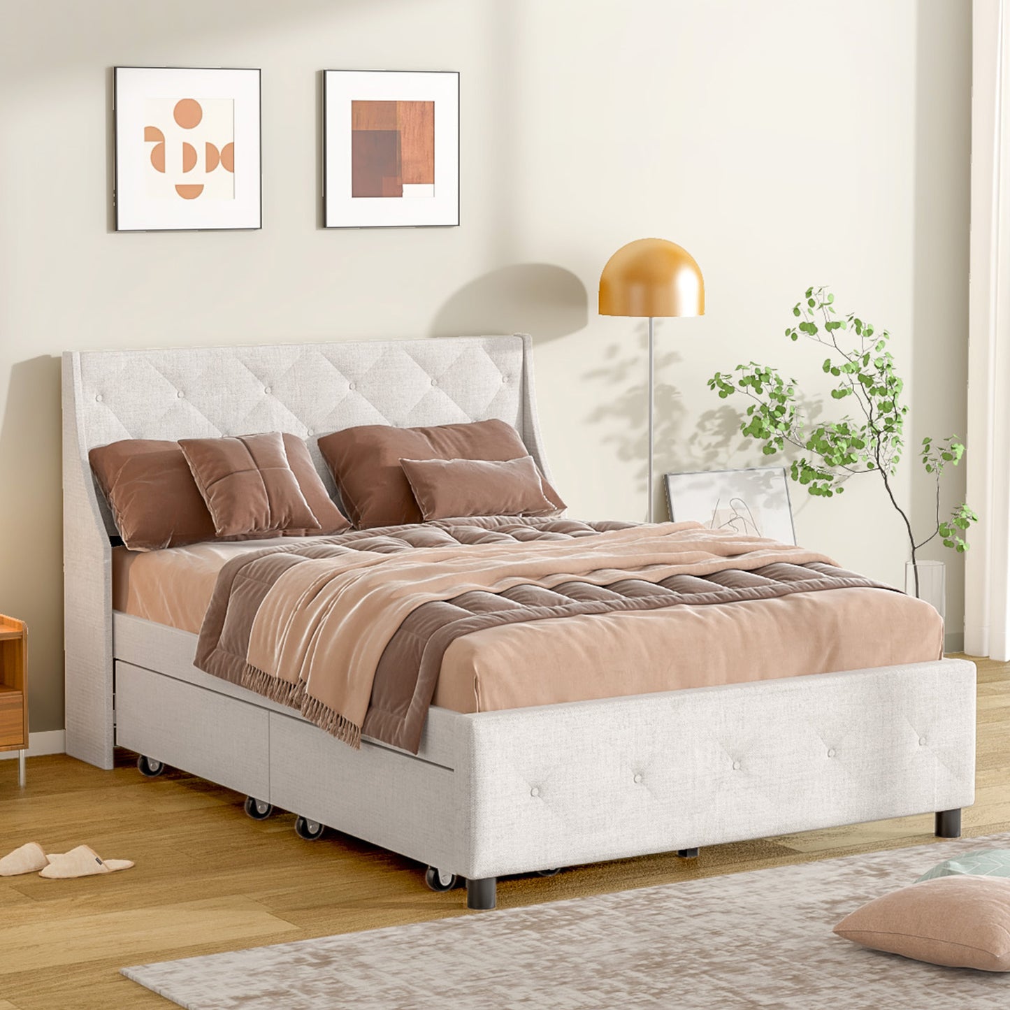 Queen Size Bed Frame with Storage Headboard, Metal Platform Bed No Noise, Mattress Foundation Strong Metal Slats Support No Box Spring Needed