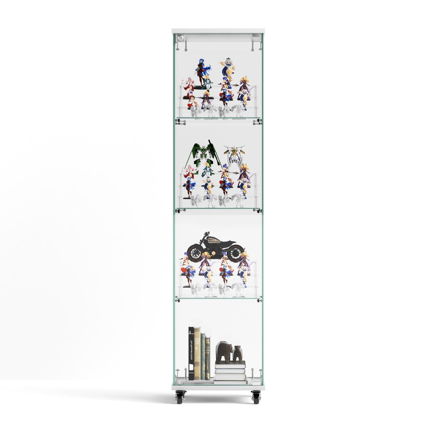 4 Tier Glass Display Cabinet, Single Door Glass Cabinet with Lock and Wheels, Floor Standing Storage Cabinet with 3 Acrylic Shelves for Living Room, Bedroom and Office, White, 15.8"L x 14.2"W x 65.1"H