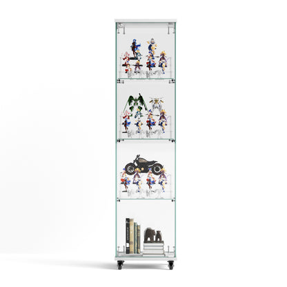 4 Tier Glass Display Cabinet, Single Door Glass Cabinet with Lock and Wheels, Floor Standing Storage Cabinet with 3 Acrylic Shelves for Living Room, Bedroom and Office, White, 15.8"L x 14.2"W x 65.1"H