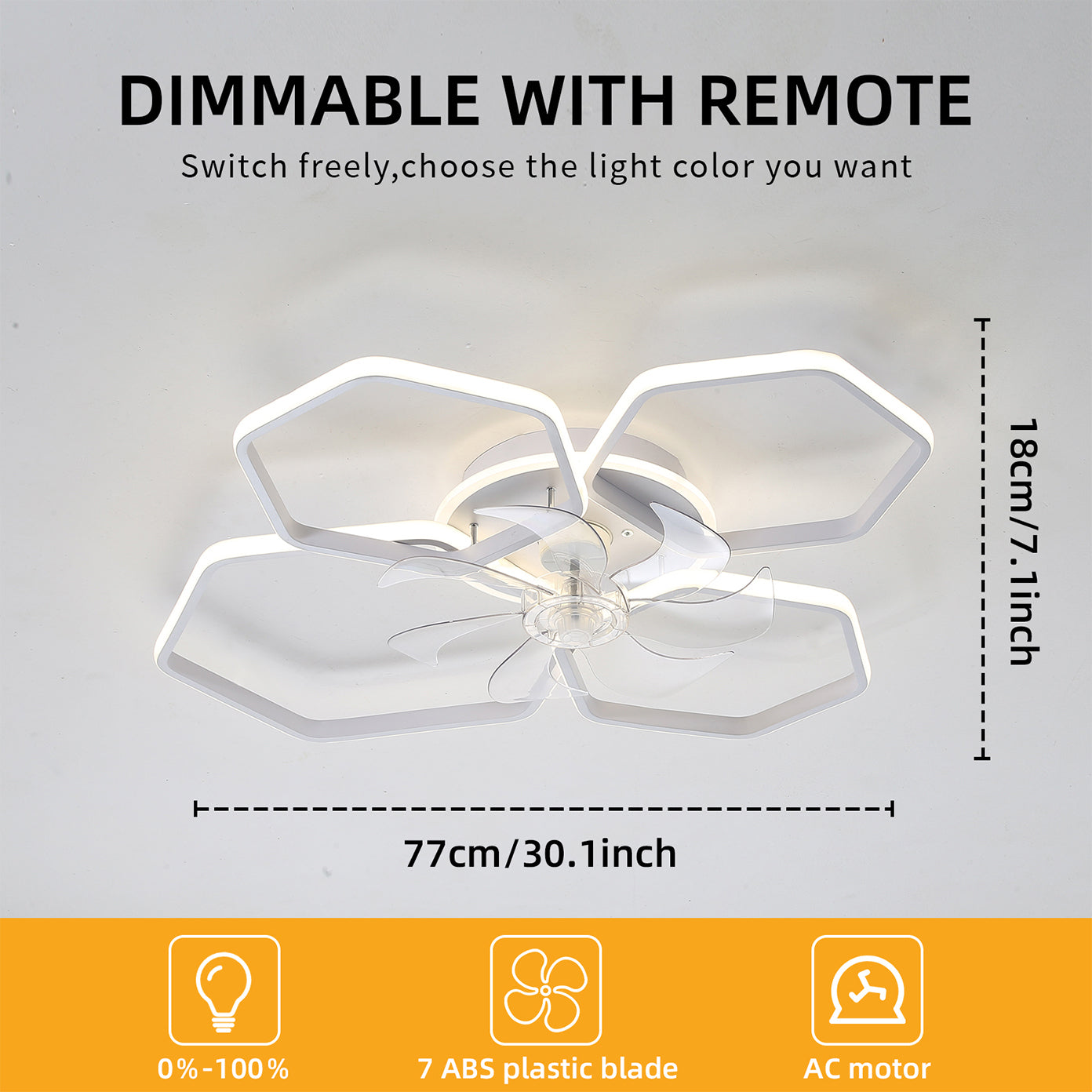 30Inches Ceiling Fan with Lights Remote Control Dimmable LED, 6 Gear Wind Speed Fan Light