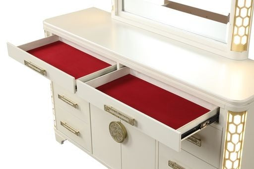 King 4 Pc Unique LED Bedroom Set made with Wood in Beige