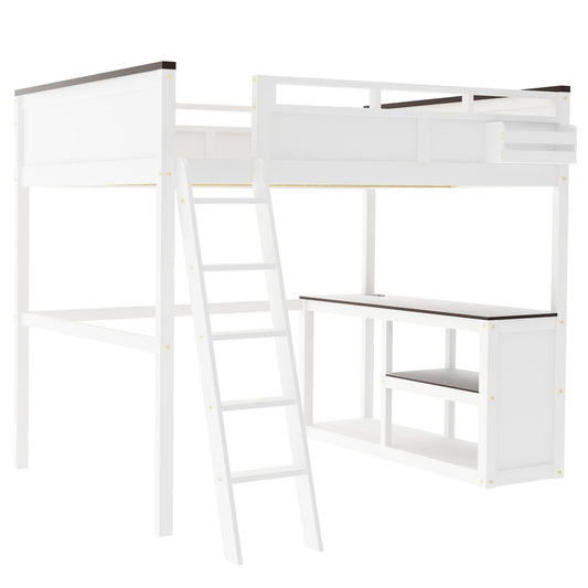 White Queen Size Loft Bed with Desk, Open Shelf, Storage Box and USB Charging Station, Pine+MDF