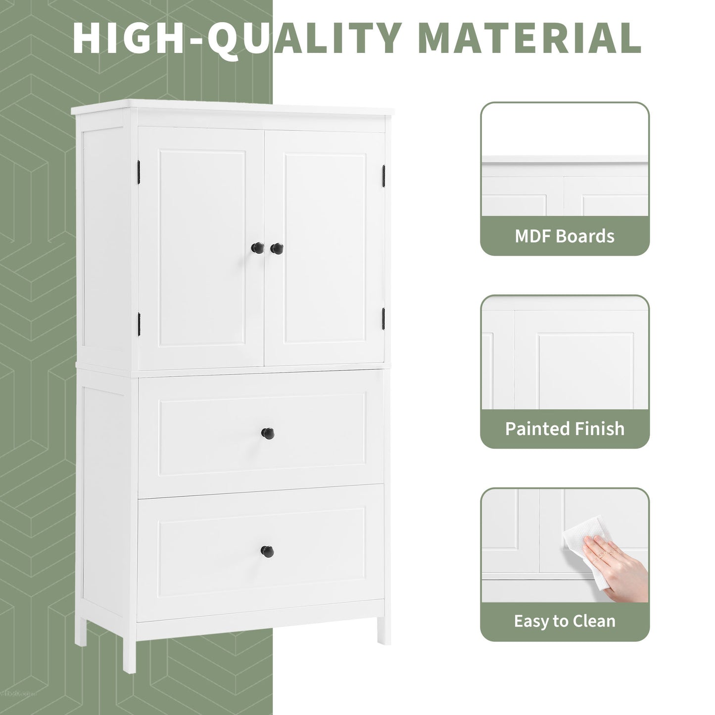 Bathroom Storage Cabinet, Cabinet with Two Doors and Drawers, Adjustable Shelf, MDF Board, White