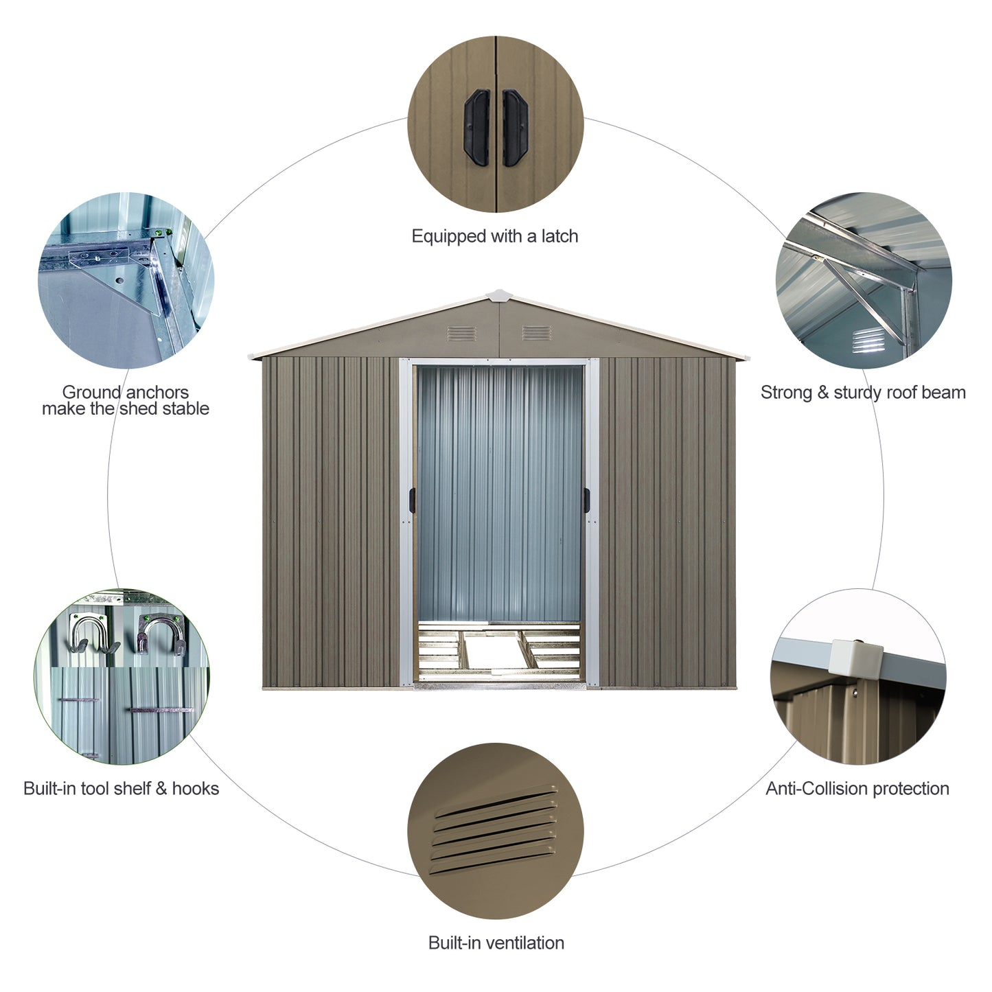 8ft x 6ft Outdoor Metal Storage Shed with Metal foundation,Gray (SKU: W540S00012)