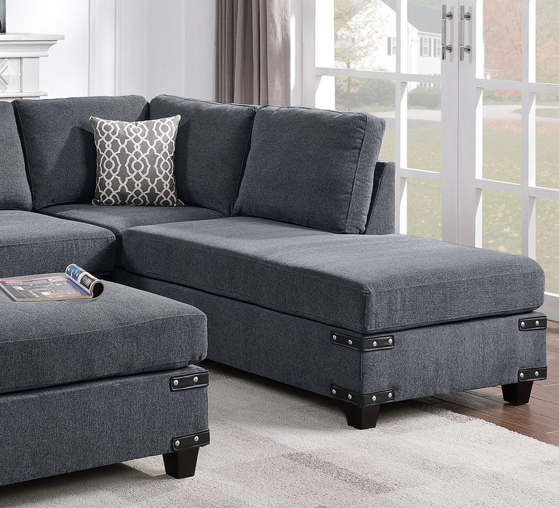 Living Room Furniture Charcoal Chenille Sectional w Ottoman Linen Like Fabric Sofa Reversible L/R Chaise Ottoman 3pc Sectional Sofa