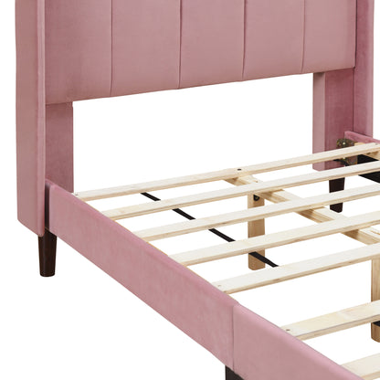 Twin Size Upholstered Platform Bed, Velvet, Pink