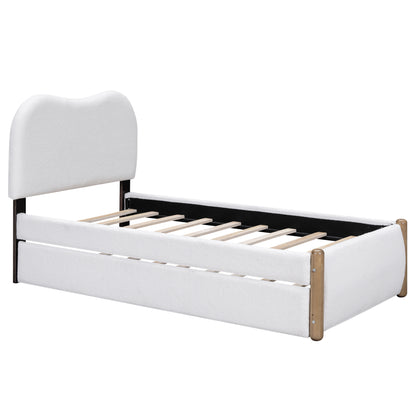 Twin Size Upholstered Platform Bed with Wood Supporting Feet and Twin Size Trundle, White