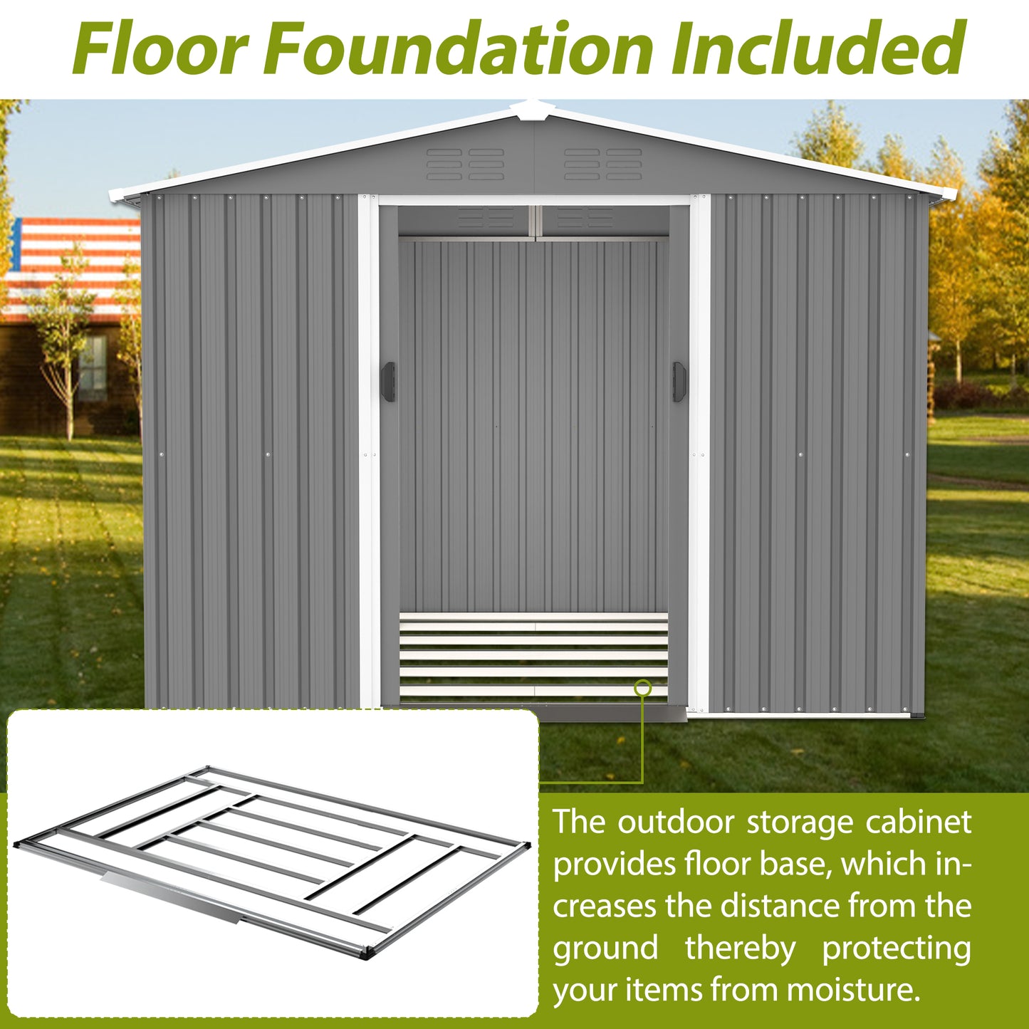 8x6 FT Outdoor Tool Storage Shed with Metal Foundation & Lockable Doors,  All Weather Metal Sheds for Garden, Patio, Backyard, Lawn, Gray