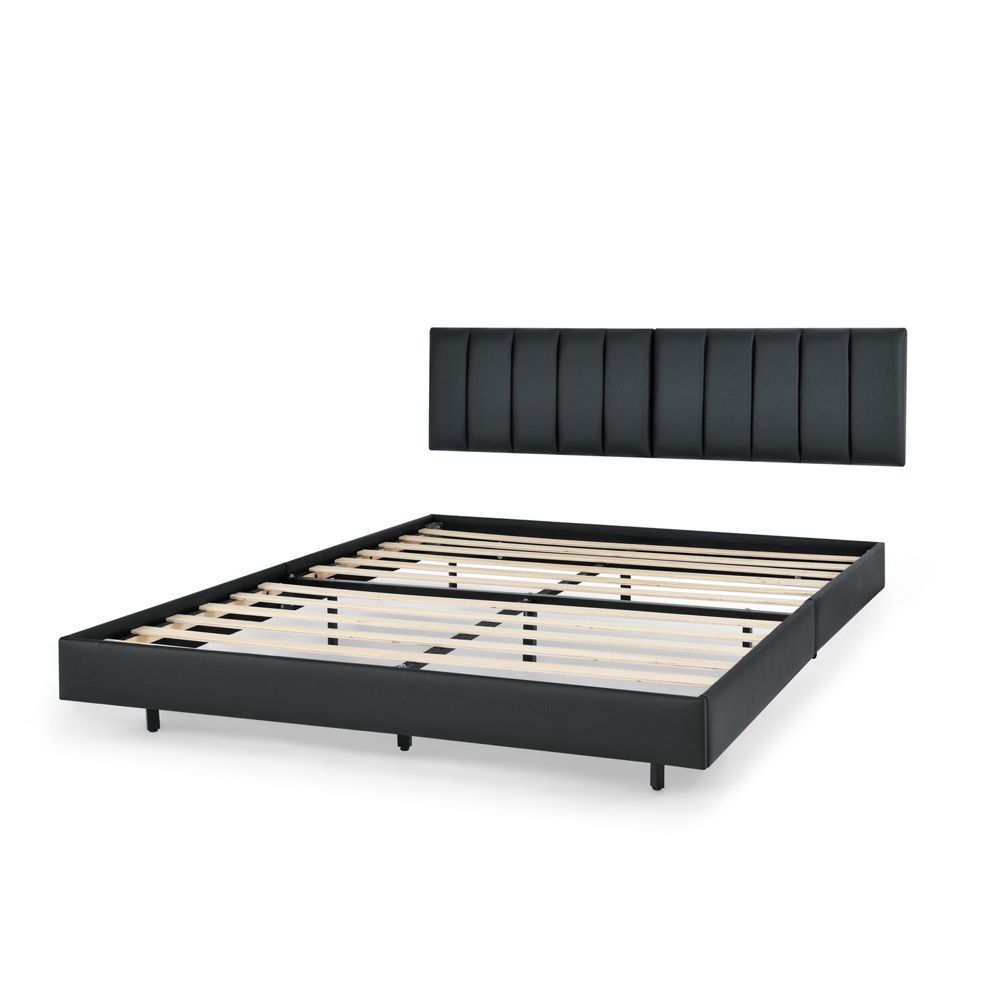 Queen Floating Bed Frame with Wall Mounted Headboard Modern Low Profile Platform Bed Frame Queen Size Faux Leather Upholstered Platform Bed Frame,No Box Spring Needed,Black