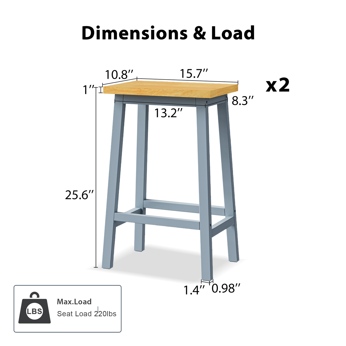 K&K Solid Wood Bar Stools (Not Cheap Iron), 25.6" Tall Set of 2 Bar Chairs, Kitchen Counter Stools with Footrests, Farmhouse Stools for Dining Room, Kitchen, Counter, Grey Blue