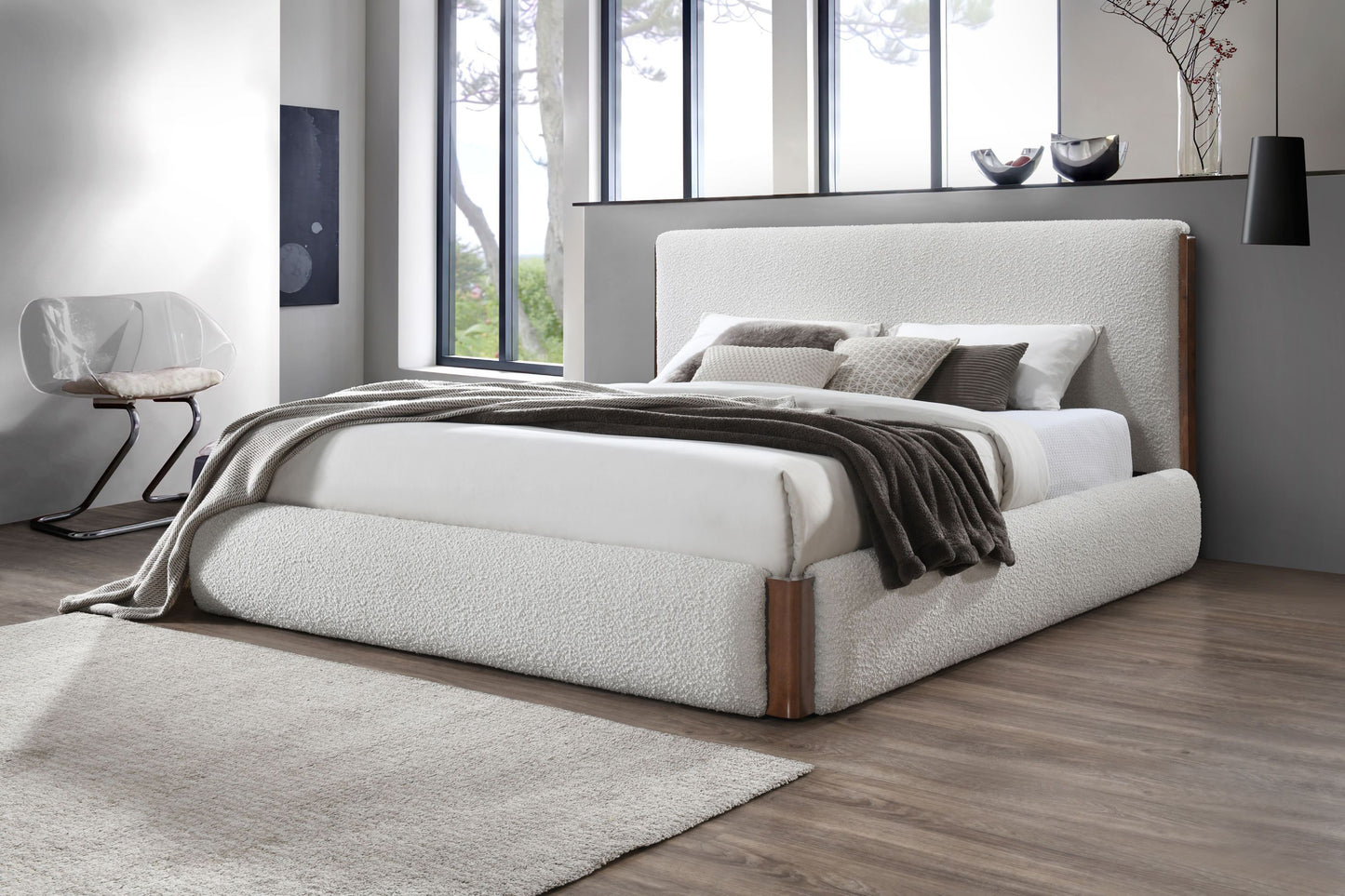 Sandro White Boucle & Walnut Finish EK Bed