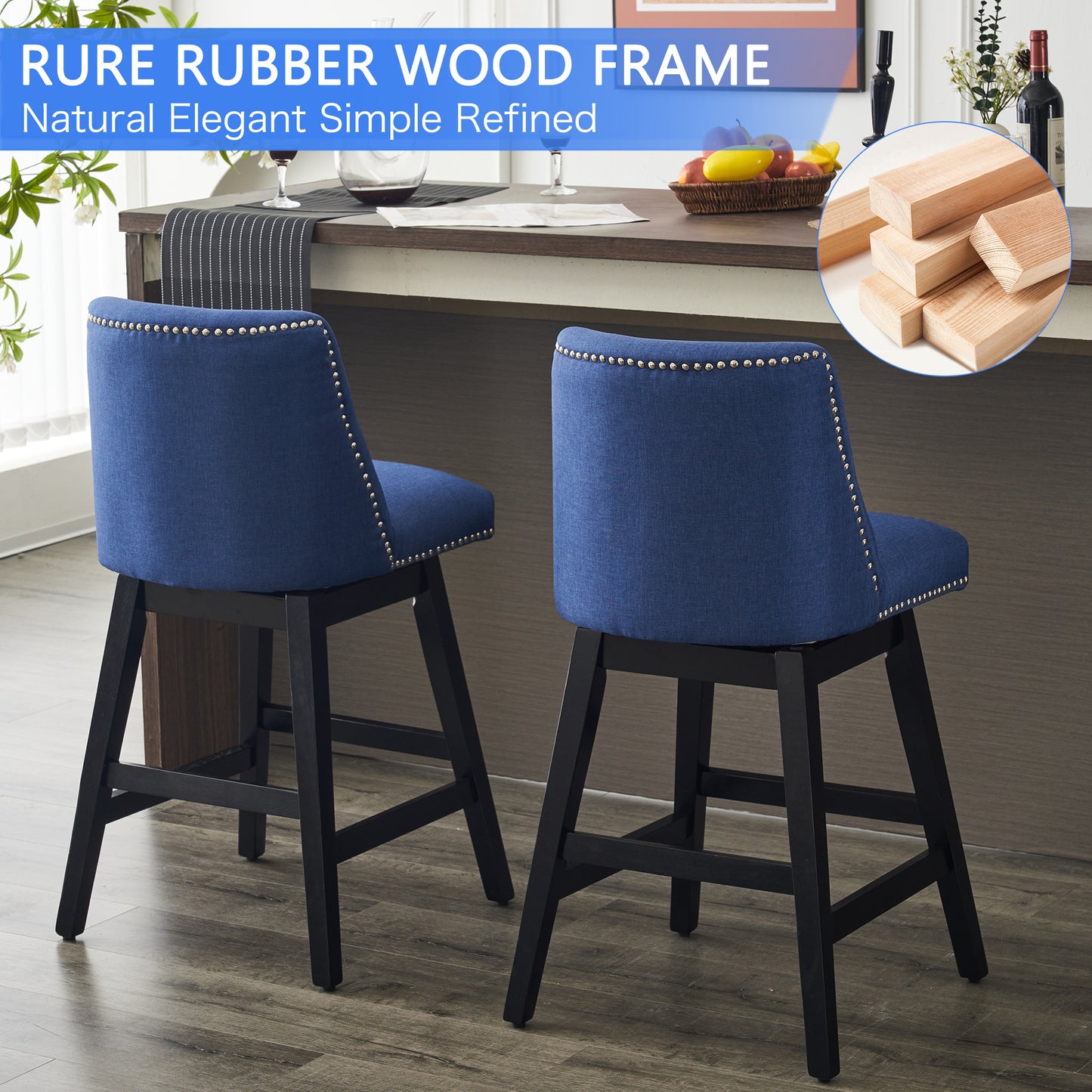 26" Upholstered Swivel Bar Stools Set of 2, Modern Linen Fabric High Back Counter Stools with Nail Head Design and Wood Frame