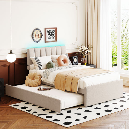 Teddy Fleece Twin Size Upholstered Platform Bed with Trundle, Beige