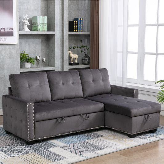 77 Inch Reversible Sectional Storage Sleeper Sofa Bed , L-Shape 2 Seat Sectional Chaise With Storage , Skin-Feeling Velvet Fabric ,Dark Grey Color For Living Room Furniture