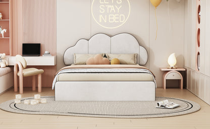 Queen size Upholstered Platform Bed with Cloud-shaped Headboard, Beige