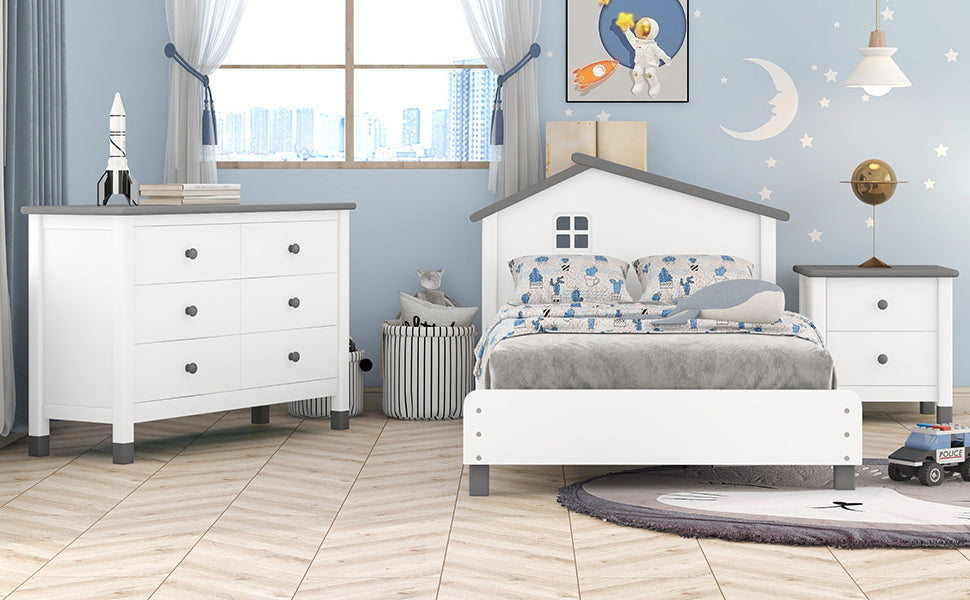 3-Pieces Bedroom Sets Twin Size Platform Bed with Nightstand and Storage dresser,White+Gray