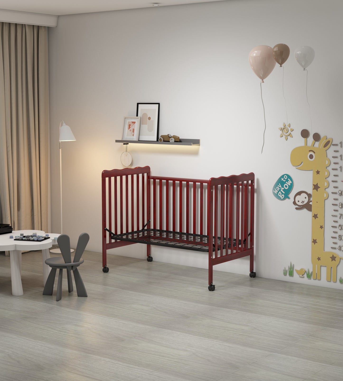 3-In-1 Convertible Crib In Cherry, Made Of Sustainable Pinewood, Non-Toxic Finish, Comes With Locking Wheels, Wooden Nursery Furniture