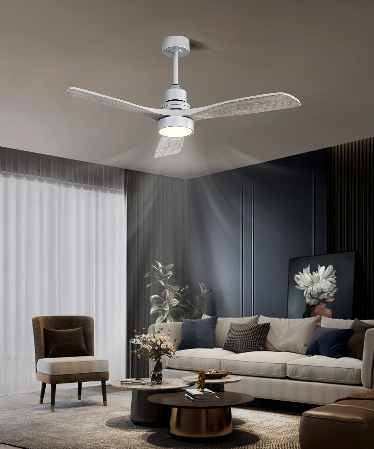 52 Inch Ceiling Fan Light With 6 Speed Remote Silver 3 Wood Blade Reversible DC Motor For Bedroom