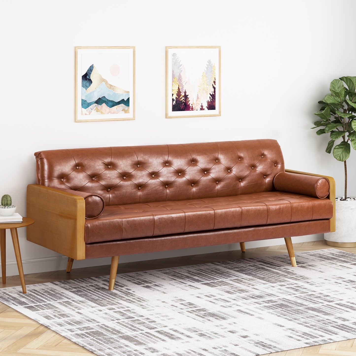 Adelaide Mid-Century Modern Tufted Sofa with Rolled Accent Pillows