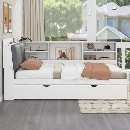 Wood Twin Size platform bed with Trundle, Shelves and Storage Headboard, White