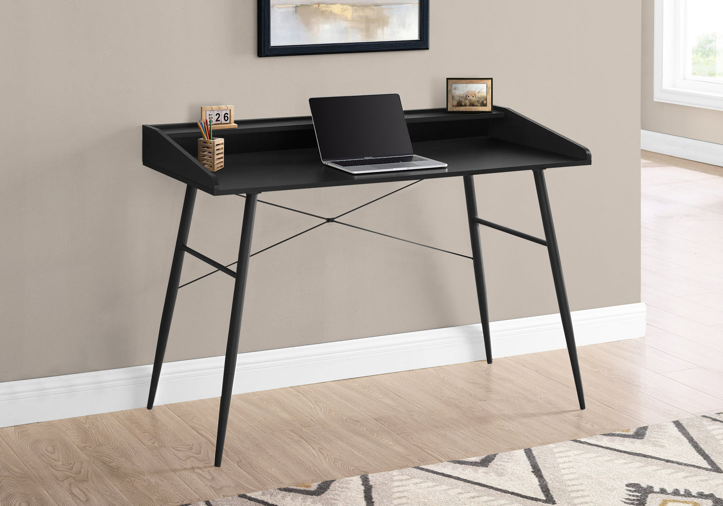 Computer Desk, Home Office, Laptop, Storage Shelves, 48"l, Work, Black Laminate, Black Metal, Contemporary, Modern