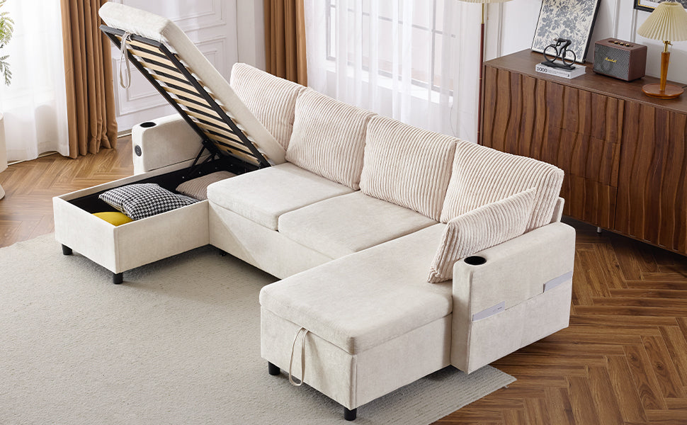 111.8" Sectional Sofa Pull-out Sofa Bed Versatile Sofa Sleeper with Large Storage Space, Two USB Ports and Two Cup Holders for Living Room, Beige