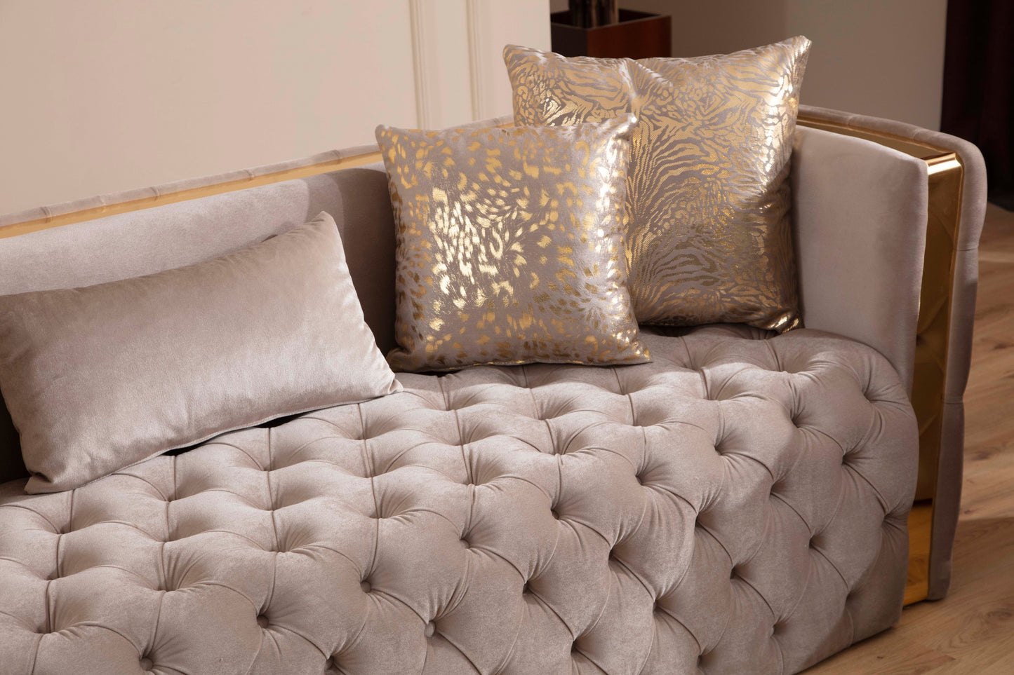 Button Tufted Sofa with Velvet Fabric and Gold Accent in Taupe