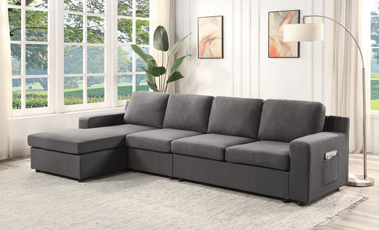 Waylon 119" Gray Linen 4-Seater Sectional Sofa Chaise with Pocket