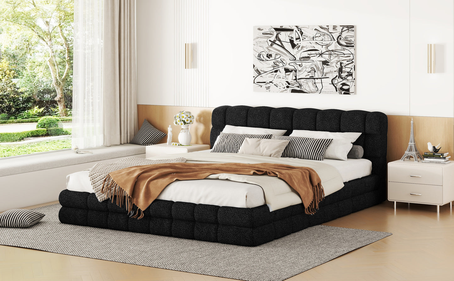 Queen Size Upholstered Platform Bed, Black