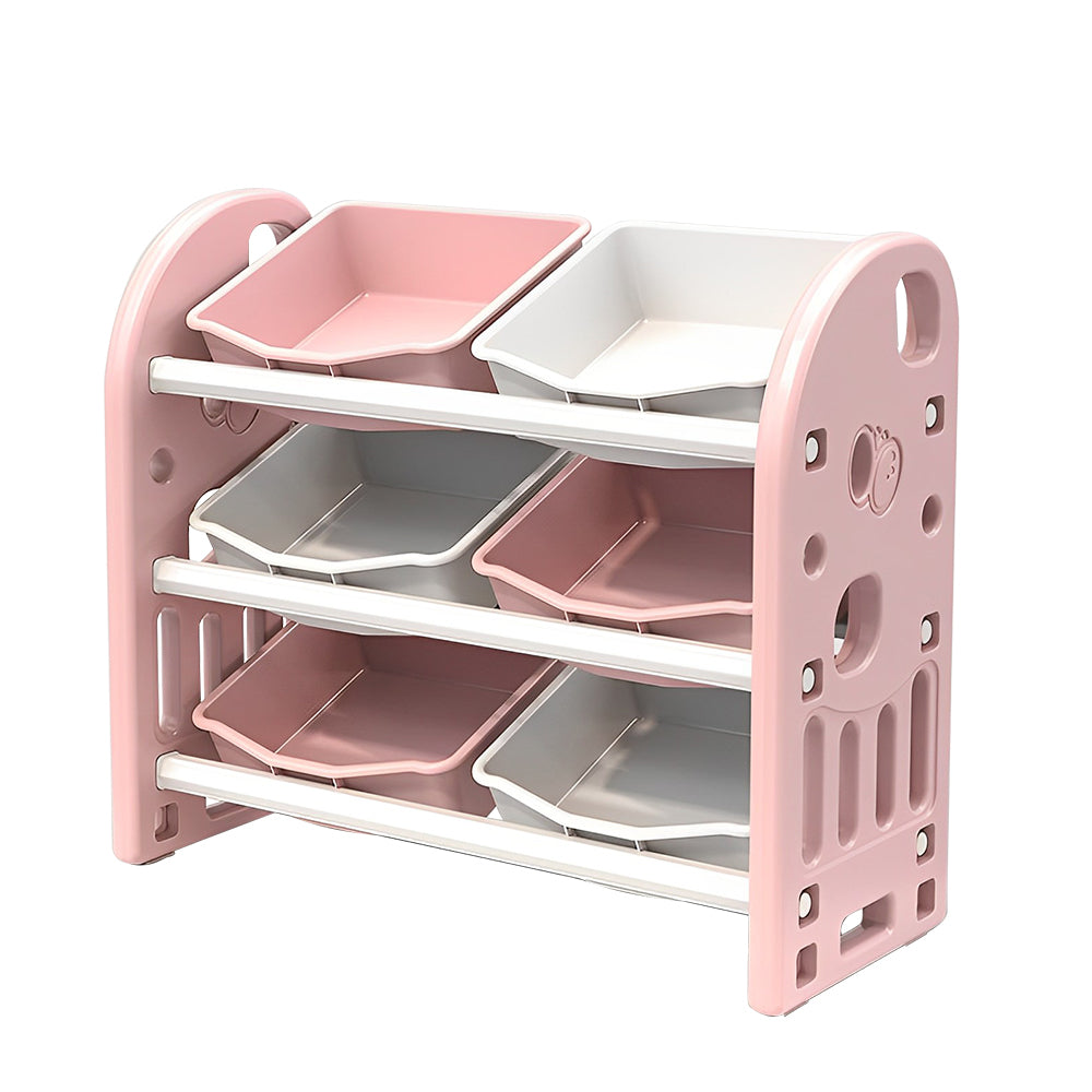 Kids Toy Storage Organizer with 6 Bins, Multi-functional Nursery Organizer Kids Furniture Set Toy Storage Cabinet Unit with HDPE Shelf and Bins for Playroom, Bedroom, Living Room (pink color)