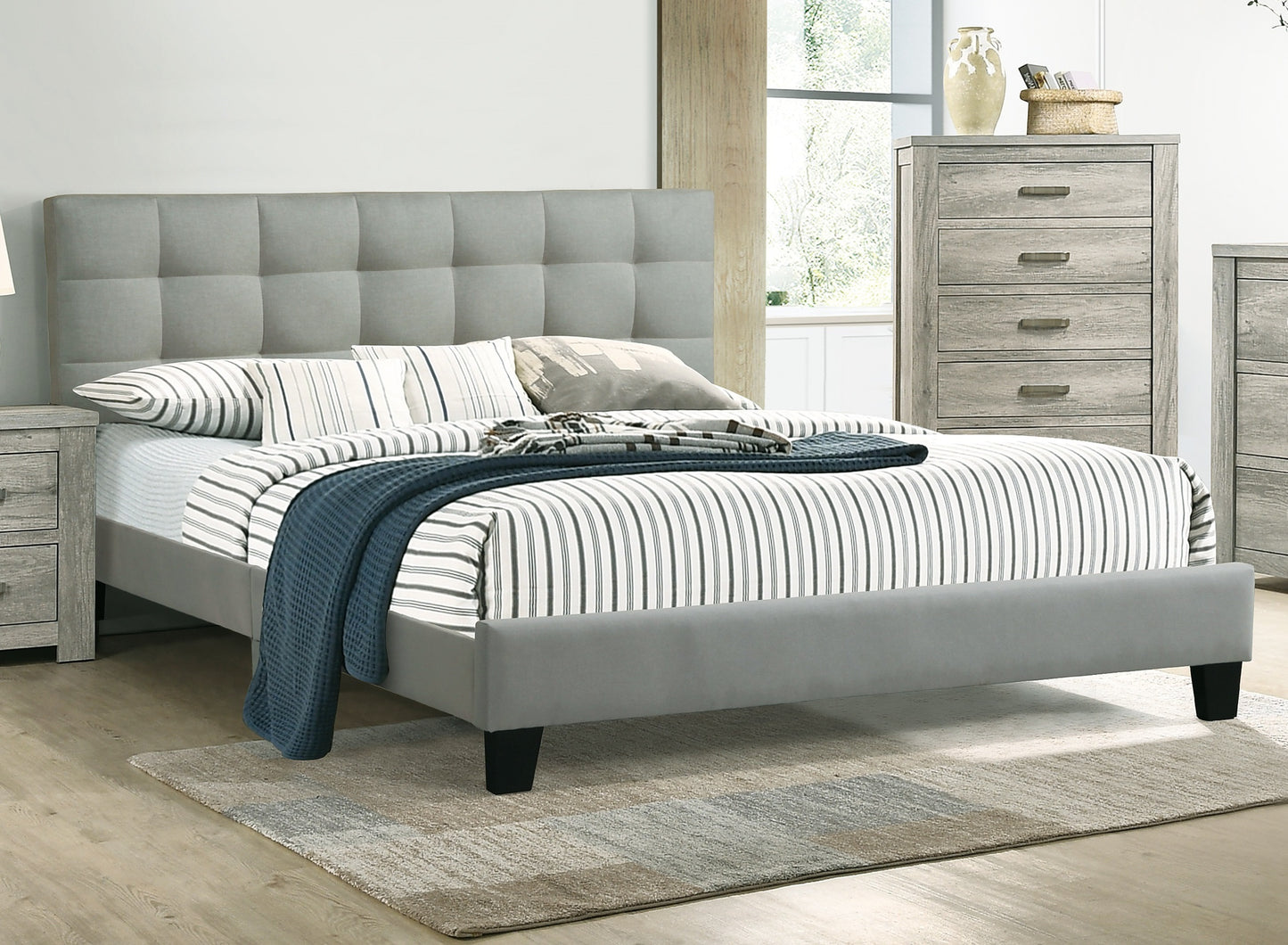 Contemporary 1pc Queen Size Bed Grey Polyfiber Tufted Headboard Platform Bedframe Bedroom Furniture