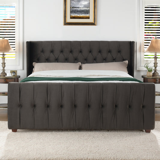 David Tufted Wingback King Bed, Dark Charcoal Grey Velvet
