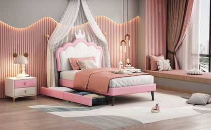 Twin Size Upholstered Princess Bed With Crown Headboard and 2 Drawers,Twin  Size Platform Bed with Headboard and Footboard,White+Pink