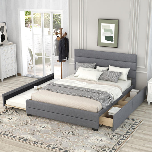 Queen Upholstered Platform Bed with Twin Size Trundle and Two Drawers,Grey