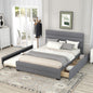 Queen Upholstered Platform Bed with Twin Size Trundle and Two Drawers,Grey