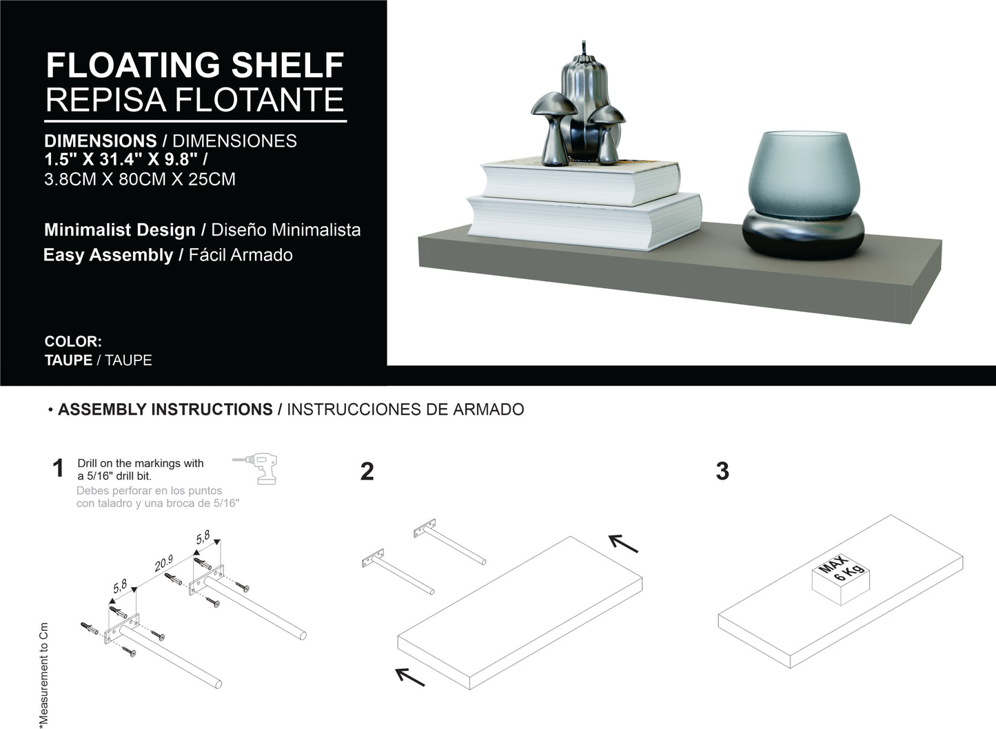 Iva Floating Shelf in Melamine x2, Taupe