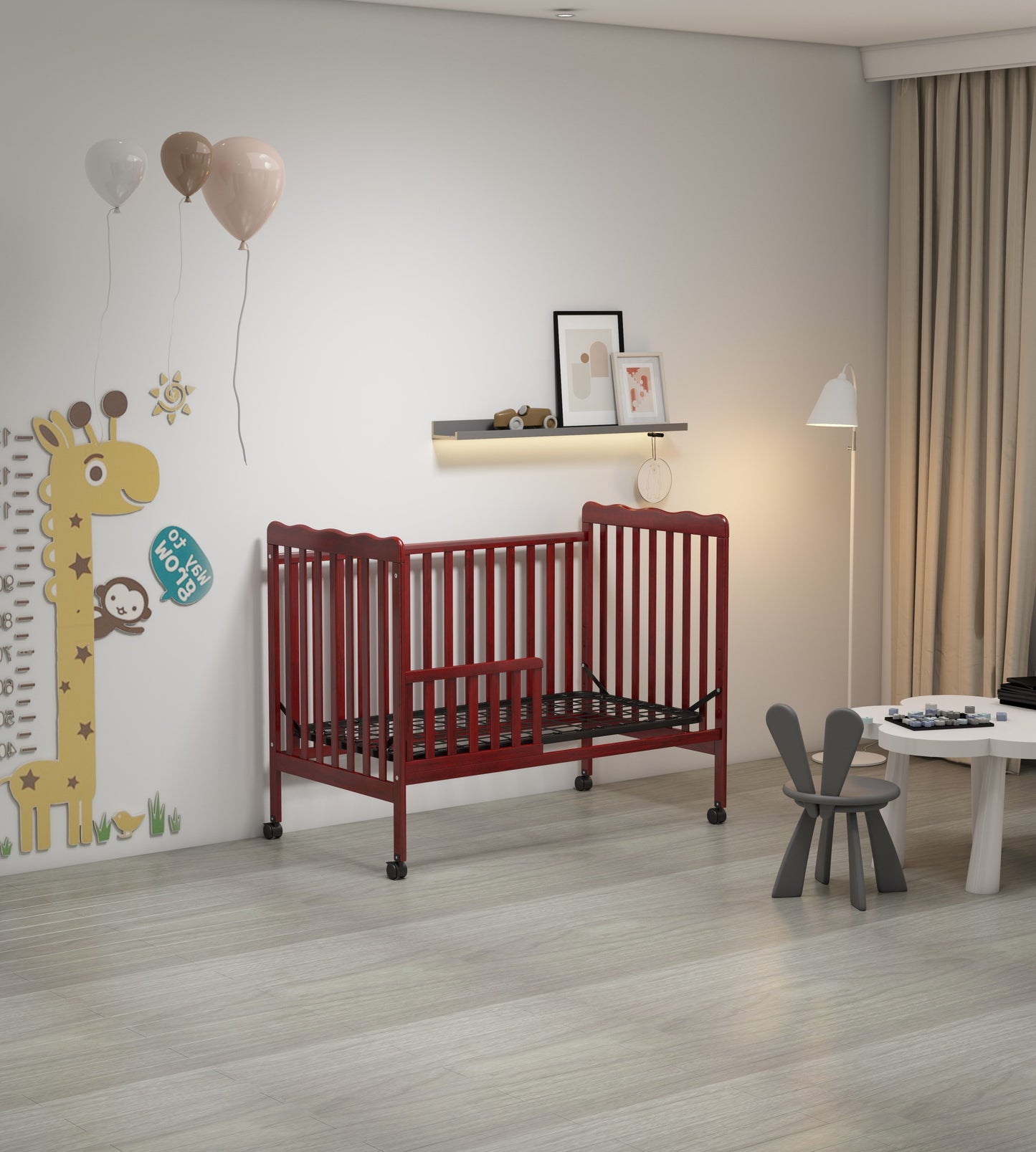 3-In-1 Convertible Crib In Cherry, Made Of Sustainable Pinewood, Non-Toxic Finish, Comes With Locking Wheels, Wooden Nursery Furniture