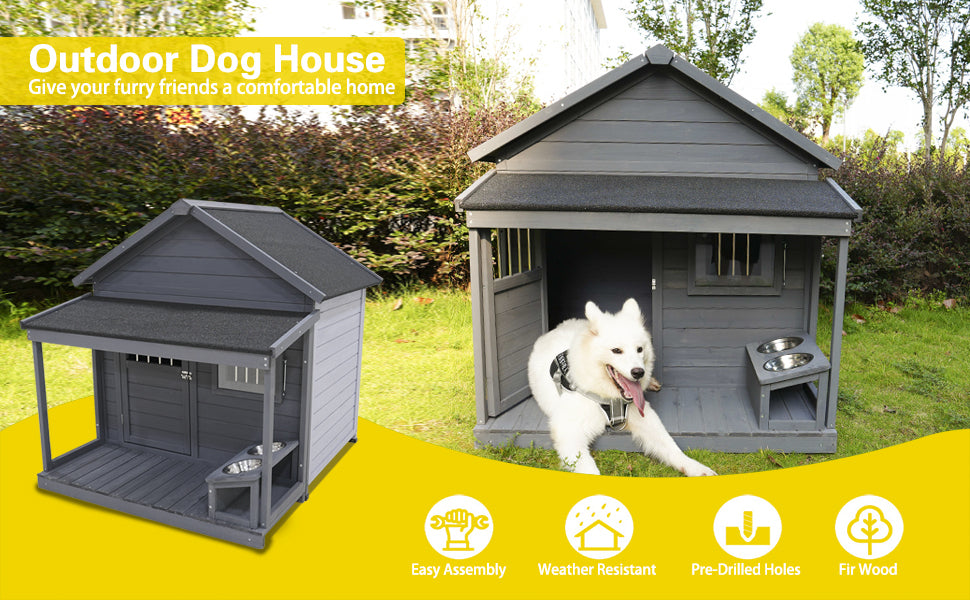 Large dog house, long 44.2" x wide 44.6" x high 44.6" Solid wood asphalt roof dog house with large terrace for large dogs, weatherproof large dog house (improved),Small wooden doors that can be locked