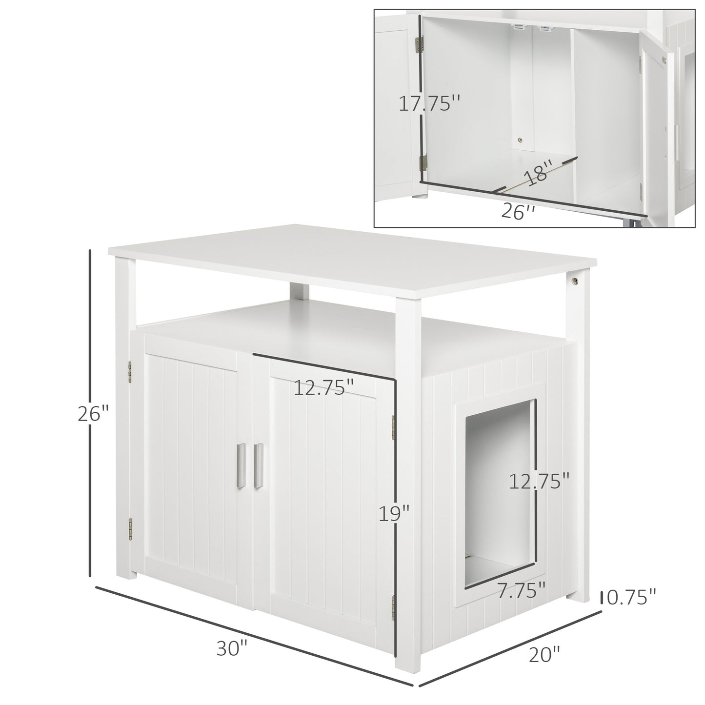 PawHut Wooden Cat Litter Box Enclosure Furniture with Adjustable Partition, Cat Washroom End Table with Open Shelf, White