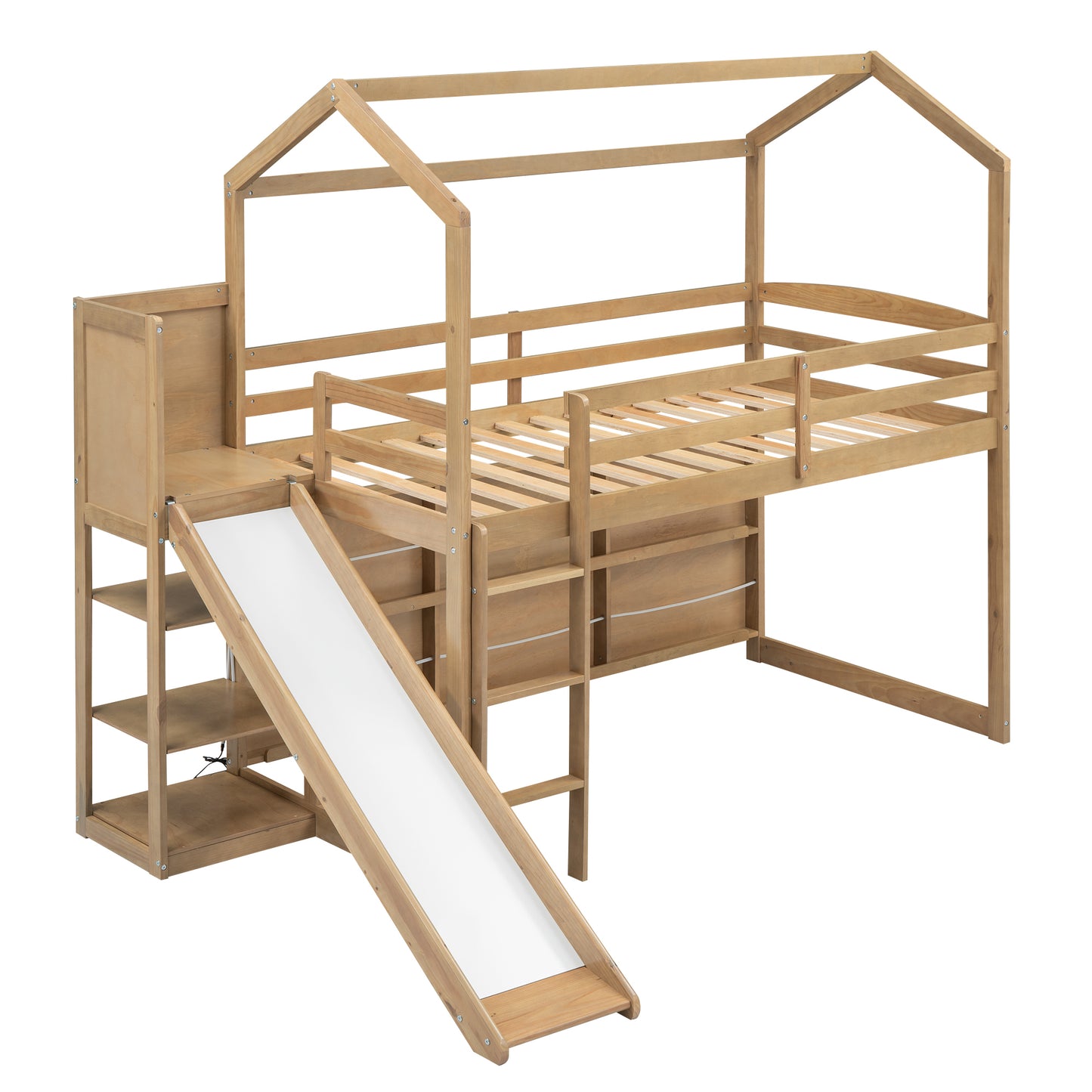 Twin Size Wood House Loft Bed with Slide, Storage Shelves and Light, Climbing Ramp, Wood Color, Solid Wood+MDF