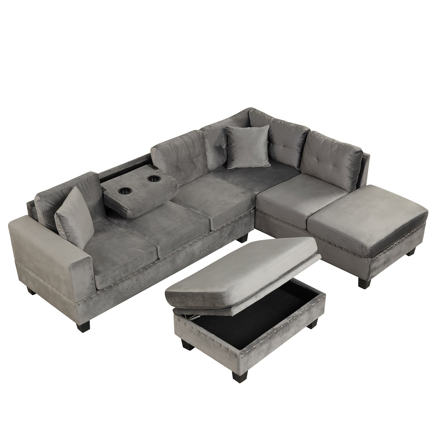 105" Modern Sectional Sofa with Storage Ottoman, L-Shape Couch with 2 Pillows and Cup Holder,Sectional Sofa with Reversible Chaise for Living Room,Gray