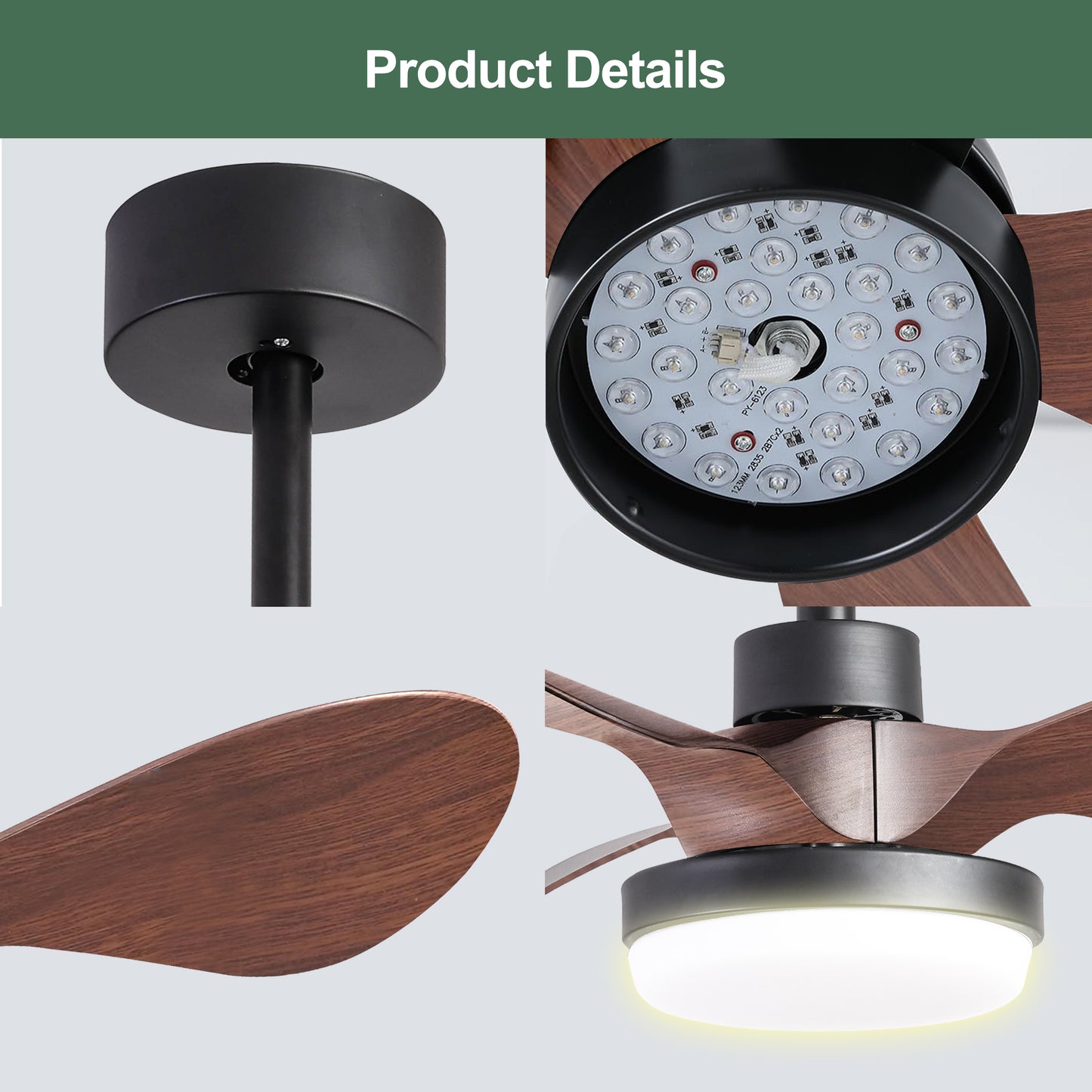 24" Black small  Ceiling Fan with Light remote control ,Modern Low Profile Ceiling Fan, 6-Speeds Quiet Reversible DC motor for Bedroom,Kitchen