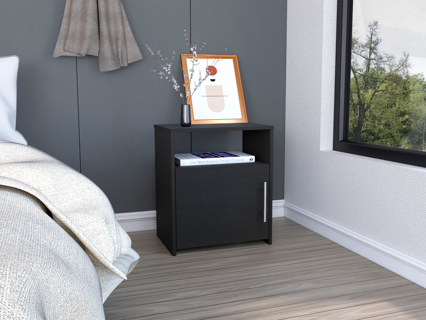 Nordico Nightstand , End Table, Side Table One Shelf, Single Door Cabinet, Metal Handle -Black